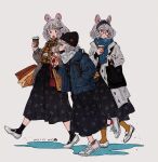  3girls :o animal_ears backpack bag bangs black_dress black_hairband black_legwear blue_jacket blue_scarf bow braid brown_eyes brown_legwear brown_scarf buttons coat coffee_cup commentary cup curly_hair dated disposable_cup dress drinking drinking_straw from_side full_body fusuma_(nohbrk) glasses grey_background grey_coat grey_hair grey_jacket hair_bow hair_ornament hairband hairclip handbag highres holding holding_cup jacket looking_at_another mouse_ears multiple_girls original paper_bag plaid plaid_scarf profile red-framed_eyewear red_legwear scarf shoes side_braid signature simple_background sneakers socks walking white_footwear white_scarf 