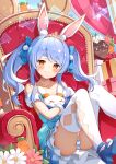  1girl animal_ear_fluff animal_ears ass bangs blue_hair blush brat foot_out_of_frame highres hololive indoors light_particles light_smile long_hair orange_eyes rabbit_ears sitting solo swept_bangs thigh-highs twintails usada_pekora virtual_youtuber 