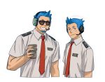  2boys animal_crossing arm_at_side arms_at_sides beard black-framed_eyewear blue_hair blush brown-tinted_eyewear chinese_commentary closed_mouth clothes_writing collared_shirt commentary_request cropped_torso cup disposable_cup facial_hair forehead godzillapigeon1 grey_eyes grin hand_up happy headphones highres holding holding_cup humanization light_blush looking_at_viewer male_focus multiple_boys necktie orville_(animal_crossing) red_necktie shirt short_hair short_sleeves simple_background sketch smile spiky_hair sunglasses teeth tinted_eyewear upper_body white_background white_shirt wilbur_(animal_crossing) 