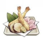  artist_request commentary english_commentary food food_focus fruit genshin_impact leaf lemon lemon_slice lowres muted_color napkin no_humans official_art petals plate still_life tempura third-party_source transparent_background 