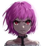  1girl belt_collar closed_mouth collar copyright_request glaring highres looking_at_viewer medium_hair off-shoulder_shirt off_shoulder pink_hair red_eyes scowl shirt simple_background solo taiga_(ryukyu-6102-8) upper_body white_background white_shirt 