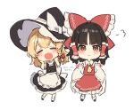  2girls apron ascot back_bow bangs bare_shoulders black_dress black_footwear black_headwear blonde_hair blush bow braid brown_hair buttons chibi closed_eyes closed_mouth collared_dress detached_sleeves dress english_text eyebrows_visible_through_hair frills full_body hair_bow hair_ornament hair_tubes hakurei_reimu hands_on_own_face hands_up hat hat_bow highres jill_07km kirisame_marisa long_sleeves looking_at_viewer multiple_girls open_mouth puffy_short_sleeves puffy_sleeves red_bow red_dress red_eyes ribbon-trimmed_sleeves ribbon_trim shirt shoes short_hair short_sleeves simple_background single_braid smile socks standing touhou watermark white_apron white_background white_bow white_legwear white_shirt white_sleeves wide_sleeves witch_hat yellow_ascot 