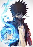  1boy artist_name black_hair blue_fire boku_no_hero_academia burn_scar dabi_(boku_no_hero_academia) fire flame k-suwabe looking_at_viewer messy_hair piercing scar smile solo spiky_hair standing staple stapled stitches white_background 