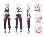  1girl bare_shoulders black_pants bob_cut character_sheet closed_mouth colored_inner_hair earrings flat_chest frown hair_ornament hairclip highres jewelry looking_at_viewer medium_hair midriff multicolored_hair open_mouth original pants parted_lips shoes simple_background taiga_(ryukyu-6102-8) white_background white_footwear yellow_eyes 