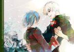  1boy 1girl absurdres bangs black_shirt commentary_request eye_contact green_background green_hair grey_background highres holding_hands kaneki_ken kirishima_touka kyuuba_melo long_sleeves looking_at_another mask mouth_mask parted_lips shiny shiny_hair shirt short_hair sketch tears teeth tokyo_ghoul tokyo_ghoul:re translation_request upper_body white_hair 