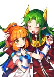  1boy 1girl absurdres arle_nadja armor blush breastplate brown_eyes brown_hair closed_eyes eyebrows_visible_through_hair facing_another green_hair highres horns looking_at_another open_mouth parted_lips pointy_ears puyopuyo s2offbeat satan_(puyopuyo) short_hair short_ponytail smile 
