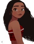  1girl arms_at_sides bare_arms bare_shoulders black_hair brown_eyes closed_mouth crop_top curly_hair dark-skinned_female dark_skin eyelashes flat_color floating_hair happy light_blush light_smile long_hair looking_at_viewer looking_to_the_side midriff_peek moana_(movie) moana_waialiki pano_(mohayayamai) signature simple_background solo thick_eyebrows thick_lips white_background 