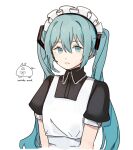  1girl apron artist_logo artist_name black_dress blue_eyes blue_hair closed_mouth collared_dress commentary dress expressionless hatsune_miku highres long_hair looking_at_viewer maid maid_apron maid_headdress puffy_short_sleeves puffy_sleeves short_sleeves simple_background solo twintails upper_body vocaloid wandu_muk white_apron wings 