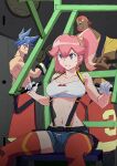  1girl 2boys aina_ardebit arai_hiroki backwards_hat baseball_cap blue_eyes blue_hair collarbone dark-skinned_male dark_skin denim denim_shorts facial_hair galo_thymos gloves hat highres long_hair midriff multiple_boys muscular official_art pale_skin pink_hair ponytail promare promotional_art red_legwear short_hair short_shorts shorts spiky_hair stomach suspenders sweat thigh-highs tied_hair topless varys_truss white_gloves 