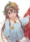  1girl bangs blue_eyes blush brick_floor brown_hair child flower granblue_fantasy hair_flower hair_ornament holding kakage long_hair looking_at_viewer looking_up open_mouth rose rosetta_(granblue_fantasy) smile solo standing stick younger 