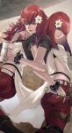  2girls bangs belt blunt_bangs breasts cup devola fingerless_gloves flower gauss_&lt;bokashi gloves green_eyes hair_flower hair_ornament hand_on_own_face highres holding holding_cup holding_wrench locked_arms long_hair medium_breasts mug multiple_girls nier_(series) nier_automata pants popola redhead screwdriver scrunchie short_sleeves siblings thigh_strap twins wrench wrist_scrunchie 