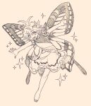  1girl antennae bad_anatomy bad_leg barefoot blush butterfly_wings dress eternity_larva eyebrows_visible_through_hair fairy full_body hair_between_eyes highres leaf leaf_on_head monochrome multicolored_clothes multicolored_dress open_mouth outstretched_arms pekepeke_(toho_jk) short_hair short_sleeves single_strap sketch smile solo sparkle spread_arms touhou wings 