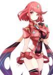  1girl bangs black_gloves breasts chest_jewel commentary_request cowboy_shot earrings eyebrows_visible_through_hair fingerless_gloves gem gloves highres jewelry large_breasts looking_at_viewer pyra_(xenoblade) red_eyes red_legwear red_shorts redhead risumi_(taka-fallcherryblossom) short_hair short_shorts shorts smile solo swept_bangs thigh-highs tiara white_background xenoblade_chronicles_(series) xenoblade_chronicles_2 