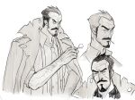  1boy ace_attorney ace_attorney_investigations ace_attorney_investigations:_miles_edgeworth arm_hair beard candy chinese_commentary coat coat_on_shoulders collared_coat collared_shirt commentary_request constricted_pupils cropped_torso eating facial_hair food forehead godzillapigeon1 greyscale half-closed_eyes hand_up high_collar highres holding holding_candy holding_food lollipop looking_at_viewer looking_to_the_side male_focus monochrome mouth_hold multiple_views mustache mutton_chops necktie open_clothes open_coat shirt short_hair simple_background sketch suspenders torn_coat tyrell_badd upper_body v-shaped_eyebrows white_background 