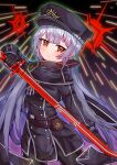  1girl absurdres bangs black_cape black_headwear black_jacket black_scarf blush boots cape closed_mouth crossed_legs duel_monster eyebrows_visible_through_hair glowing glowing_sword glowing_weapon grey_hair hair_between_eyes hat highres jacket long_hair looking_at_viewer low_twintails peaked_cap pelt red_eyes scarf seigen_akasho silver_hair sky_striker_ace_-_roze solo twintails two-tone_background two-tone_dress upper_body weapon yu-gi-oh! yuu-gi-ou 