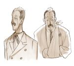  1boy ace_attorney ace_attorney_investigations ace_attorney_investigations_2 backlighting bandaged_arm bandages buttons chinese_commentary closed_eyes collared_shirt commentary_request cropped_torso facial_hair facing_viewer forehead godzillapigeon1 highres jacket male_focus monochrome monocle multicolored_hair multiple_views mustache neck_ribbon necktie phoenix_wright:_ace_attorney_-_justice_for_all ribbon scar scar_on_face shelly_de_killer shirt short_hair simple_background sketch sling stitches two-tone_hair upper_body white_background 