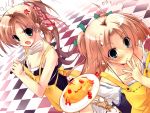  2girls :3 absurdres anger_vein apron blue_eyes blush brown_hair casual caught checkered checkered_floor cherry_tomato copyright_request eating flag food highres kokonoka multiple_girls omurice original plate ponytail scan spatula sweatdrop two_side_up 