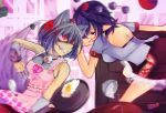  animal_ears apron cooking egg food frying_pan glowing glowing_eyes grey_hair grin hat inubashiri_momiji mito_(calcomer) motion_blur pointy_ears purple_hair red_eyes rice shameimaru_aya short_hair skirt smile tail touhou translated wolf_ears wolfgirl 