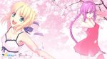  april_fools bare_shoulders blonde_hair braid breasts casual cleavage dress fate/stay_night fate_(series) hair_ribbon jpeg_artifacts long_hair melty_blood multiple_girls no_hat no_headwear open_mouth outstretched_arms petals purple_eyes red_legwear ribbon saber see-through shingetsutan_tsukihime single_braid sion_eltnam_atlasia smile spread_arms takeuchi_takashi teeth thighhighs tsukihime tsurime twitter type-moon zettai_ryouiki 