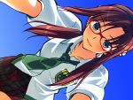   blue_eyes brown_hair glasses long_hair makinami_mari_illustrious neon_genesis_evangelion seifuku necktie  