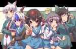    blush book brown_hair crossover fujiwara_no_mokou group hat long_hair mystia_lorelei purple_hair red_eyes reiuji_utsuho ribbons seifuku shameimaru_aya short_hair skirt suzumiya_haruhi_no_yuuutsu necktie tokiko touhou violet_eyes white_hair wings   