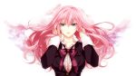 adjusting_hair blue_eyes bow earrings frills jewelry jyuru lips long_hair megurine_luka necklace pink_hair ribbons solo vocaloid wrist_cuffs 