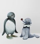  bird crossover greyscale katou_(osoraku) looking_at_another monochrome no_humans open_mouth penguin pingu pingu_(series) pokemon popplio seal 