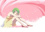  absurdres dress green_hair gumi highres knee_hug looking_at_viewer petals red_eyes shoes short_hair sitting smile vocaloid 