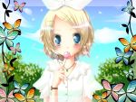  blonde_hair blue_eyes butterfly hair_ribbon kagamine_rin ribbon short_hair sky vocaloid 