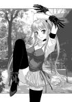  1girl arms_up blush breasts gloves highres large_breasts leg_up long_hair looking_at_viewer monochrome original outdoors photo_background ribbon skirt smile solo tree yui_toshiki 