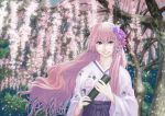  artist_request blue_eyes cherry_blossoms flower hair_accessory japanese_clothes long_hair megurine_luka pink_hair smile solo source_request tree vocaloid 