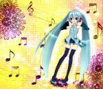  hands_on_headphones hatsune_miku headphones long_hair musical_note open_mouth solo twintails vocaloid 