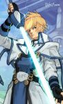  1boy belt blonde_hair blue_eyes english_text fingerless_gloves gloves grey_background guilty_gear guilty_gear_xrd hair_between_eyes highres holding holding_sword holding_weapon ky_kiske lightning long_sword looking_at_viewer magnolia_eclair_ii male_focus ponytail shadow shoes simple_background solo sword tsuna_(akmu8832) weapon 