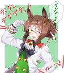  1girl animal_ears brown_hair commentary_request fine_motion_(umamusume) folded_ponytail gloves green_eyes hair_ornament highres horse_ears horse_girl miso_bon one_eye_closed open_mouth parody simple_background solo translation_request umamusume 