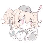  ! 1girl baton_(weapon) blush blush_stickers brown_hair chibi dorainatto grey_headwear hair_between_eyes hat holding holding_shield holding_weapon light_brown_hair long_hair open_mouth original pink_eyes shield simple_background sketch solo twintails upper_body weapon white_background 