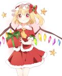  1girl :&gt; adapted_costume blonde_hair christmas crystal feet_out_of_frame flandre_scarlet fur_trim gift hat holding holding_gift looking_at_viewer mob_cap one_side_up red_eyes sasaki_sakiko short_hair simple_background solo touhou v-shaped_eyebrows white_background wings 