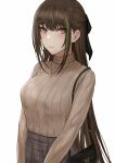  1girl bag bangs blush breasts brown_eyes brown_hair brown_sweater closed_mouth eyebrows_visible_through_hair girls_frontline green_hair hair_ornament hairclip handbag highres jewelry large_breasts long_hair long_sleeves looking_at_viewer m4a1_(girls&#039;_frontline) multicolored_hair necklace selcky simple_background solo streaked_hair sweater 