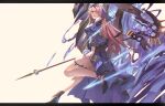  1girl bangs bare_shoulders brown_hair dpin_(user_adhr8855) dress electricity flower hair_flower hair_ornament hair_over_one_eye high_heels holding holding_scythe holding_weapon honkai_(series) honkai_impact_3rd long_hair long_sleeves looking_at_viewer purple_dress purple_flower purple_footwear purple_rose rita_rossweisse rita_rossweisse_(fallen_rosemary) rose scythe simple_background solo violet_eyes weapon yellow_background 