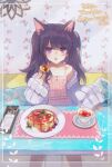  1girl :o animal_ears bangs banned_artist black_hair border cat_ears cat_girl collarbone commission cup dress english_commentary eyebrows_visible_through_hair food fork highres holding holding_fork indie_virtual_youtuber nunuko_(mu661129) off_shoulder open_mouth pancake pink_dress purple_sweater second-party_source shimotsuki_miri skeb_commission solo sweater teacup v-shaped_eyebrows violet_eyes virtual_youtuber white_border 