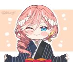  1girl blue_eyes earrings head_wings hololive japanese_clothes jewelry kimono kukie-nyan looking_at_viewer one_eye_closed pink_hair short_hair smile takane_lui virtual_youtuber 