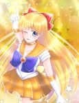1girl ;d aino_minako arm_behind_head arms_up bare_legs bishoujo_senshi_sailor_moon blonde_hair blue_bow blue_eyes bow breasts collarbone commentary cowboy_shot earrings elbow_gloves eyelashes frilled_skirt frills gloves hair_bow hair_ornament hair_ribbon highleg highleg_leotard highres jewelry knee_up leotard long_hair looking_at_viewer magical_girl medium_breasts open_mouth orange_skirt parody red_bow ribbon sailor_venus shiny shiny_hair short_sleeves skirt smile solo sorako_(bluechocomint) sparkle_background thighs tiara white_gloves white_leotard