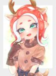  1girl a_msel animal_ears antlers black_gloves blush brown_dress christmas commentary deer_ears deer_tail dress english_commentary fangs fur-trimmed_dress fur_trim gloves green_eyes highres looking_at_viewer octoling open_mouth pointing pointing_at_self pointy_ears redhead reindeer_antlers short_sleeves skin_fangs smile solo splatoon_(series) suction_cups tail tentacle_hair upper_body 