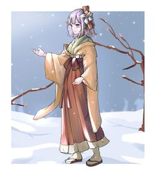  1girl bangs bob_cut border branch class_mate closed_mouth flip-flops flower full_body hair_flower hair_ornament hieda_no_akyuu japanese_clothes kimono long_sleeves orange_kimono outdoors purple_hair sandals short_hair smile snow snowing solo standing touhou violet_eyes white_border white_flower white_legwear 