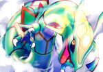  above_clouds absurdres black_sclera claws colored_sclera commentary_request dragon eastern_dragon highres no_humans omochi_(nyavole) open_mouth pokemon pokemon_(creature) rayquaza revision solo yellow_eyes 
