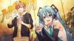  1boy 1girl :d arm_tattoo bangs barefoot black_jacket blue_nails blue_necktie commentary_request cup cup_noodle detached_sleeves fork graffiti green_eyes hatsune_miku headphones headset highres holding holding_cup holding_fork hood hoodie jacket long_hair long_sleeves looking_at_viewer microphone multicolored_hair necktie number_tattoo official_art orange_hair project_sekai ramen shinonome_akito shirt sidelocks smile streaked_hair suzunosuke_(sagula) tattoo twintails very_long_hair vocaloid wall white_shirt yellow_hoodie 