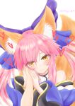  1girl animal_ear_fluff animal_ears bangs bare_shoulders blue_bow blue_kimono bow closed_mouth collar commentary_request dated detached_sleeves eyebrows_visible_through_hair eyes_visible_through_hair fate/extra fate_(series) fox_ears fox_girl fox_tail hair_bow hand_on_another&#039;s_hand heart highres japanese_clothes kimono light_blush long_hair long_sleeves looking_at_viewer pink_hair pov pov_adoring pov_hands sidelocks smile solo_focus sparkling_eyes split_ponytail tail tamamo_(fate) tamamo_no_mae_(fate/extra) upper_body white_background white_collar wide_sleeves winsankemonodou yellow_eyes 