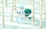  :3 bare_tree calyrex closed_eyes closed_mouth commentary_request glastrier komepan no_humans outdoors pokemon pokemon_(creature) smile snow standing tree 