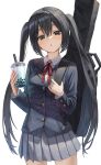  1girl absurdres bangs black_hair black_jacket collared_shirt commentary_request cowboy_shot cup drinking_straw hair_between_eyes highres holding holding_cup holding_strap instrument_case jacket k-on! long_hair looking_at_viewer nakano_azusa neck_ribbon parted_lips pleated_skirt ribbon school_uniform shirt simple_background skirt solo standing superpig twintails very_long_hair white_background 