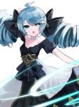  1girl :o absurdres ahoge arm_up bangs black_bow blue_eyes blue_hair bow cowboy_shot dress drill_hair fang gloves green_eyes gwen_(league_of_legends) hair_bow highres league_of_legends long_hair looking_at_viewer nacoty off-shoulder_dress off_shoulder puffy_short_sleeves puffy_sleeves shiny shiny_hair short_sleeves simple_background skin_fang solo twin_drills twintails white_background 
