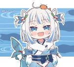 1girl ahoge bangs blue_eyes blue_hair chibi earmuffs fish_tail gawr_gura hair_ornament hololive hololive_english japanese_clothes kimono kukie-nyan looking_at_viewer multicolored_hair open_mouth scarf shark_tail sharp_teeth solo streaked_hair tail teeth twintails virtual_youtuber